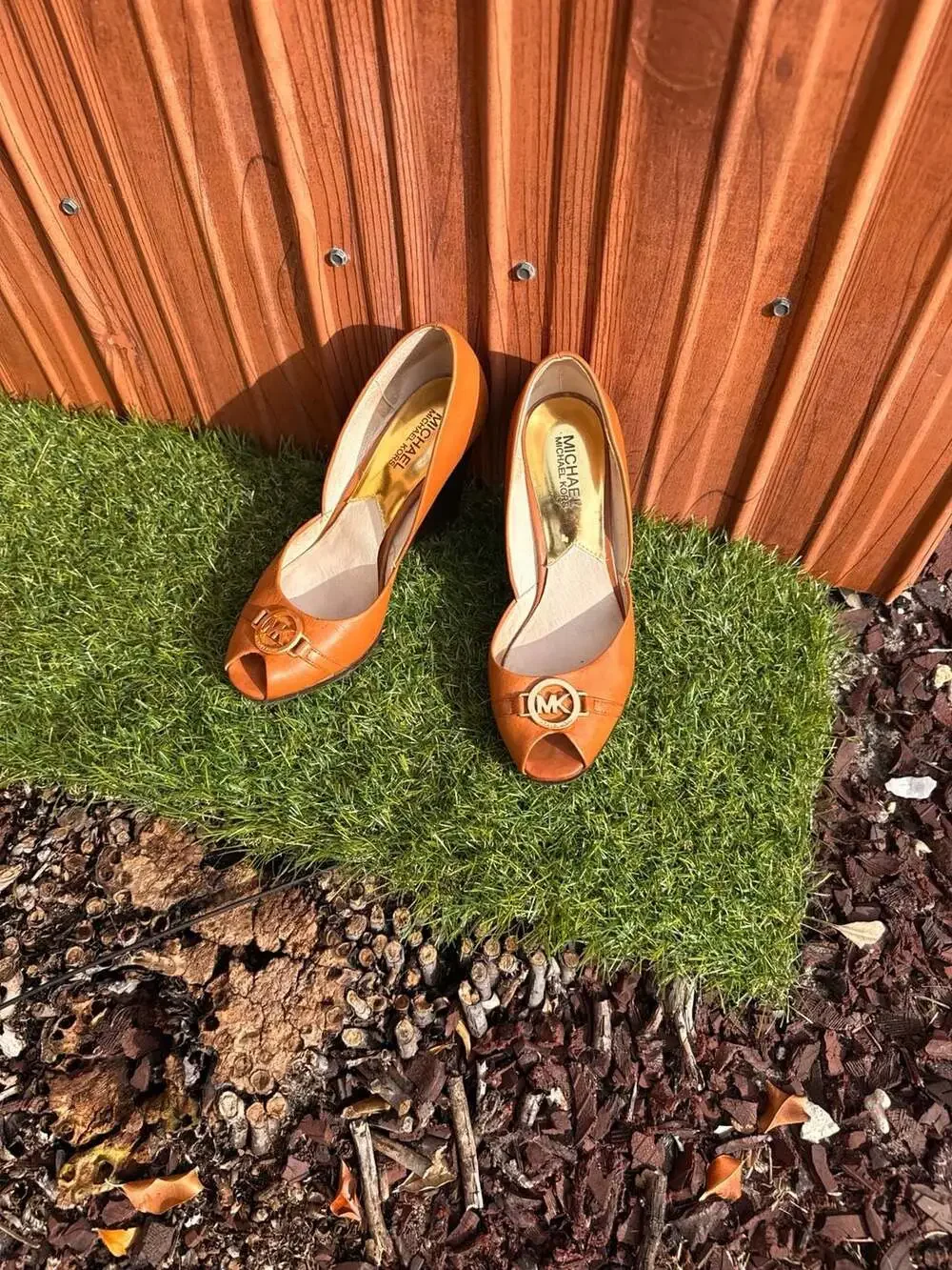 Michael Kors Tan Leather Peep Toe Wedge Heels with Gold MK Logo Accent